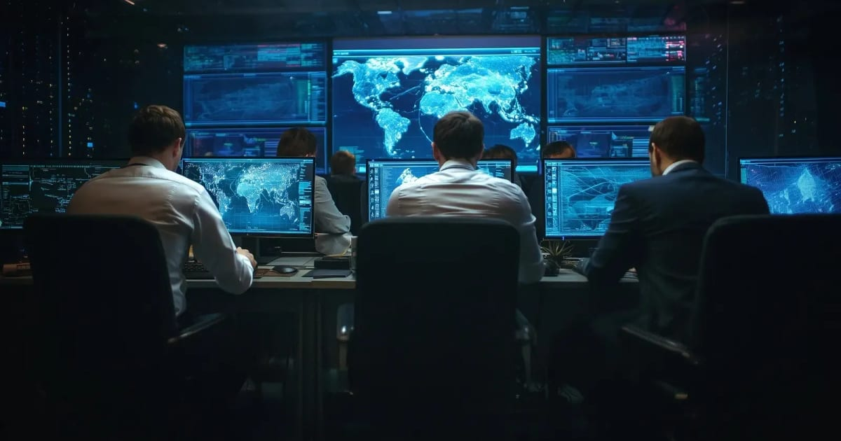 Punjab & Sind Bank incident response war room — analysts at workstations facing a wall of glowing blue world maps and live dashboards during overnight breach containment