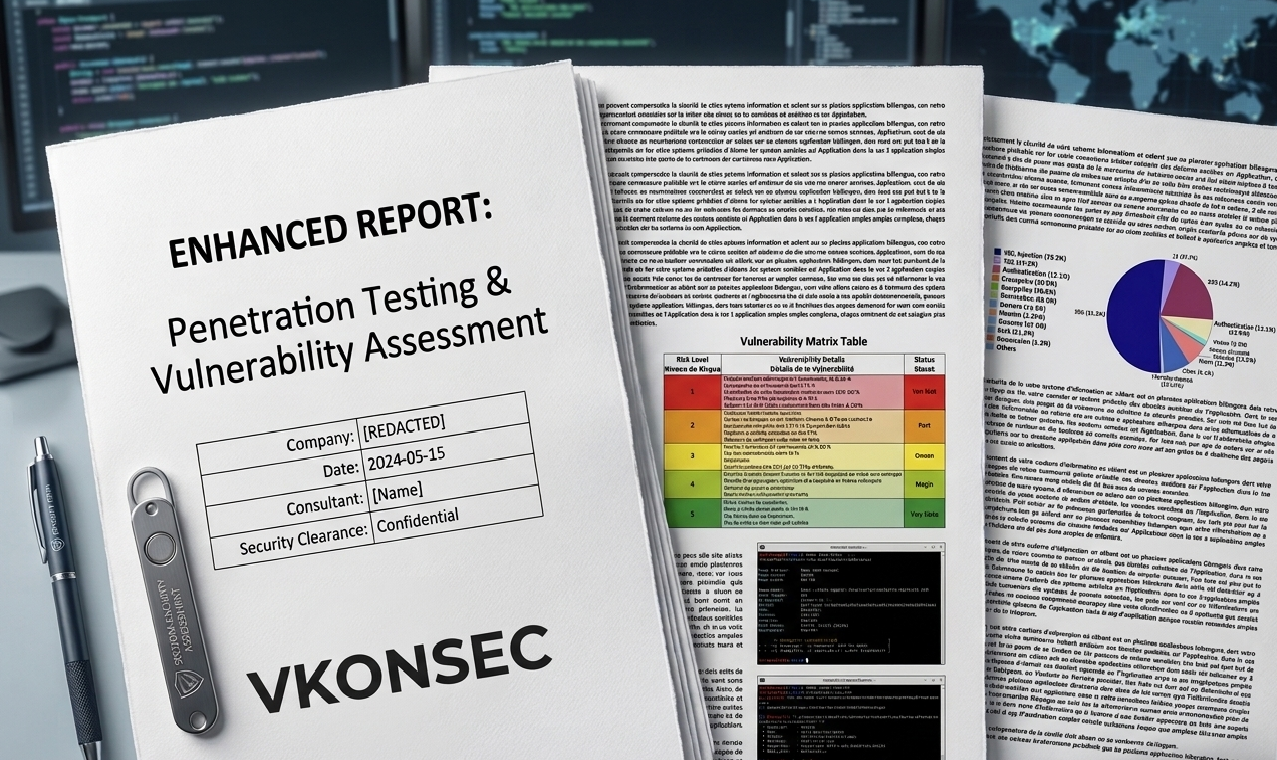 VKonSec penetration testing report — printed findings pages from an Axiom Robotics red-team engagement