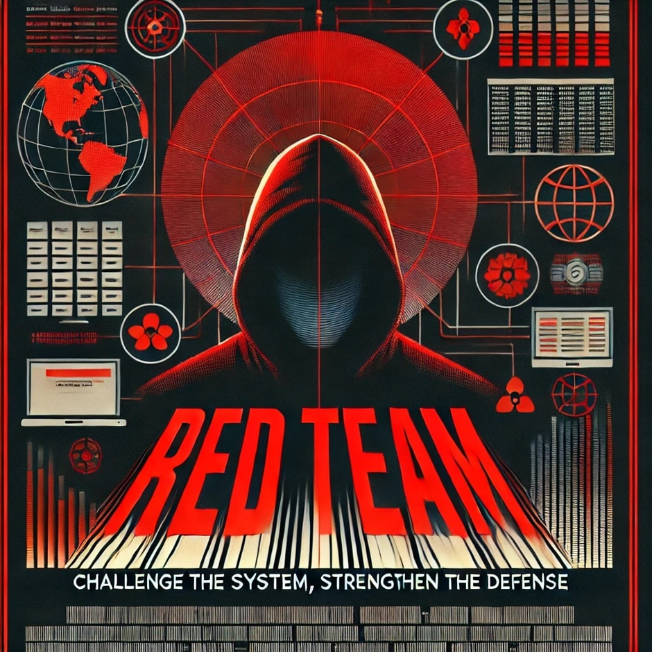VKonSec red team report cover — a hooded figure over a red-on-black grid of dashboards, globes and data bars with the title 'Red Team: challenge the system, strengthen the defense'